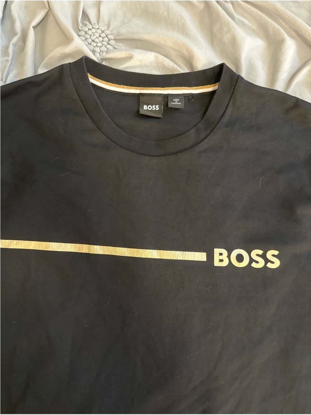BOSS Black Short Sleeve Tee with Gold Logo Stripe